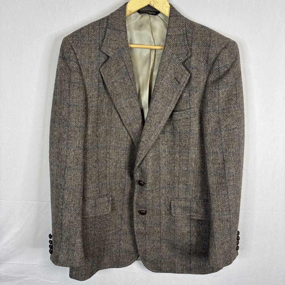 Samuelsohn Men 40 Herringbone Tweed Wool Blazer Brown Blue Windowpane Vintage‎